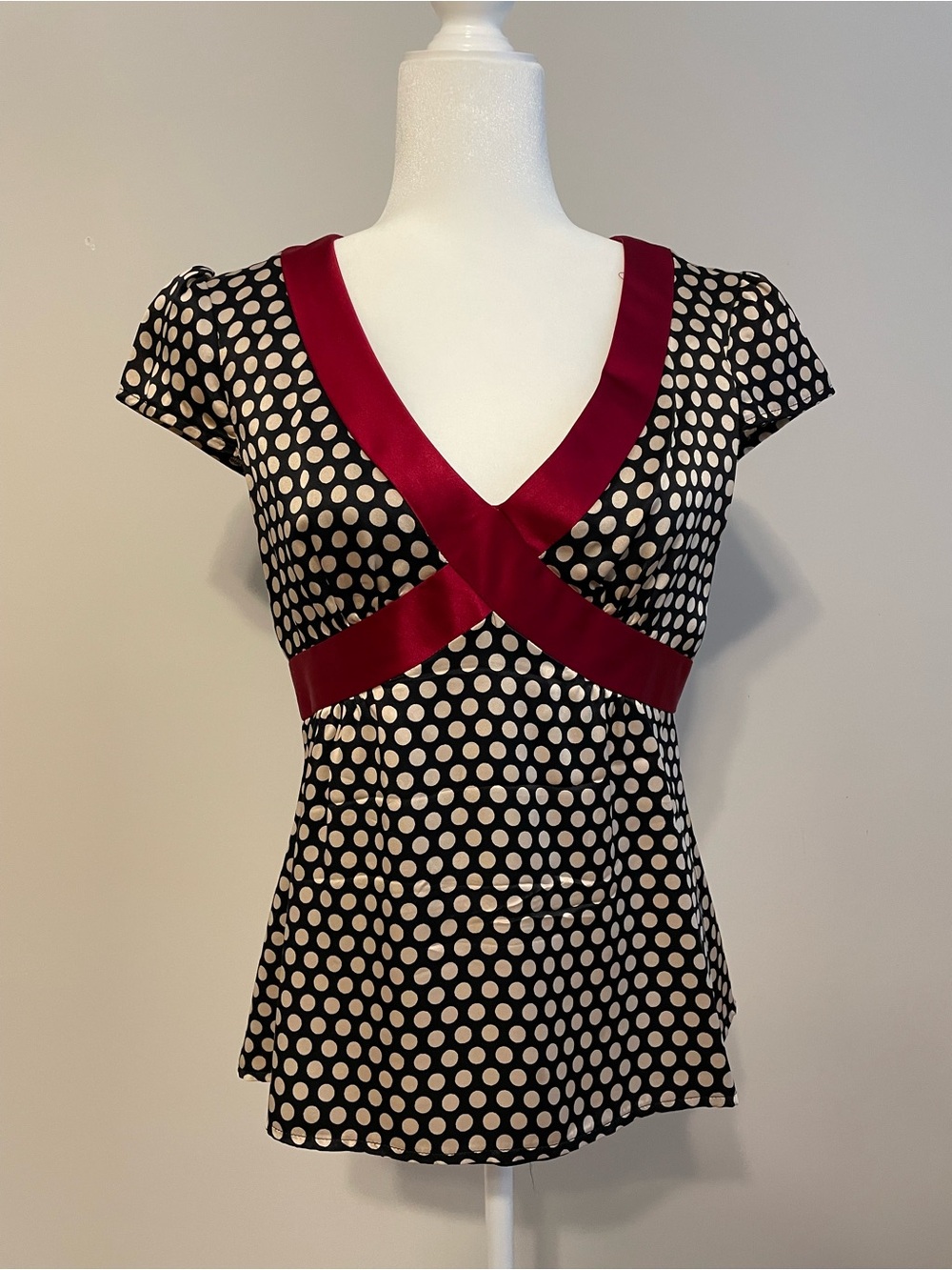 Nanette Lepore Black Polka Dot Top with Deep Red Trim